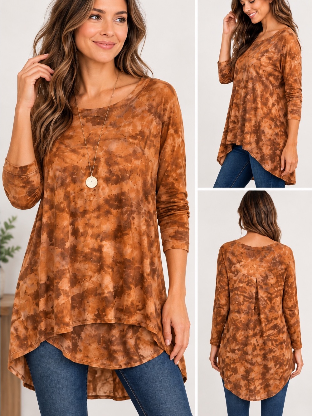 XCVI Tie Dye Hi Low Tunic Top S Brown Rust Rayon Boho Lagenlook